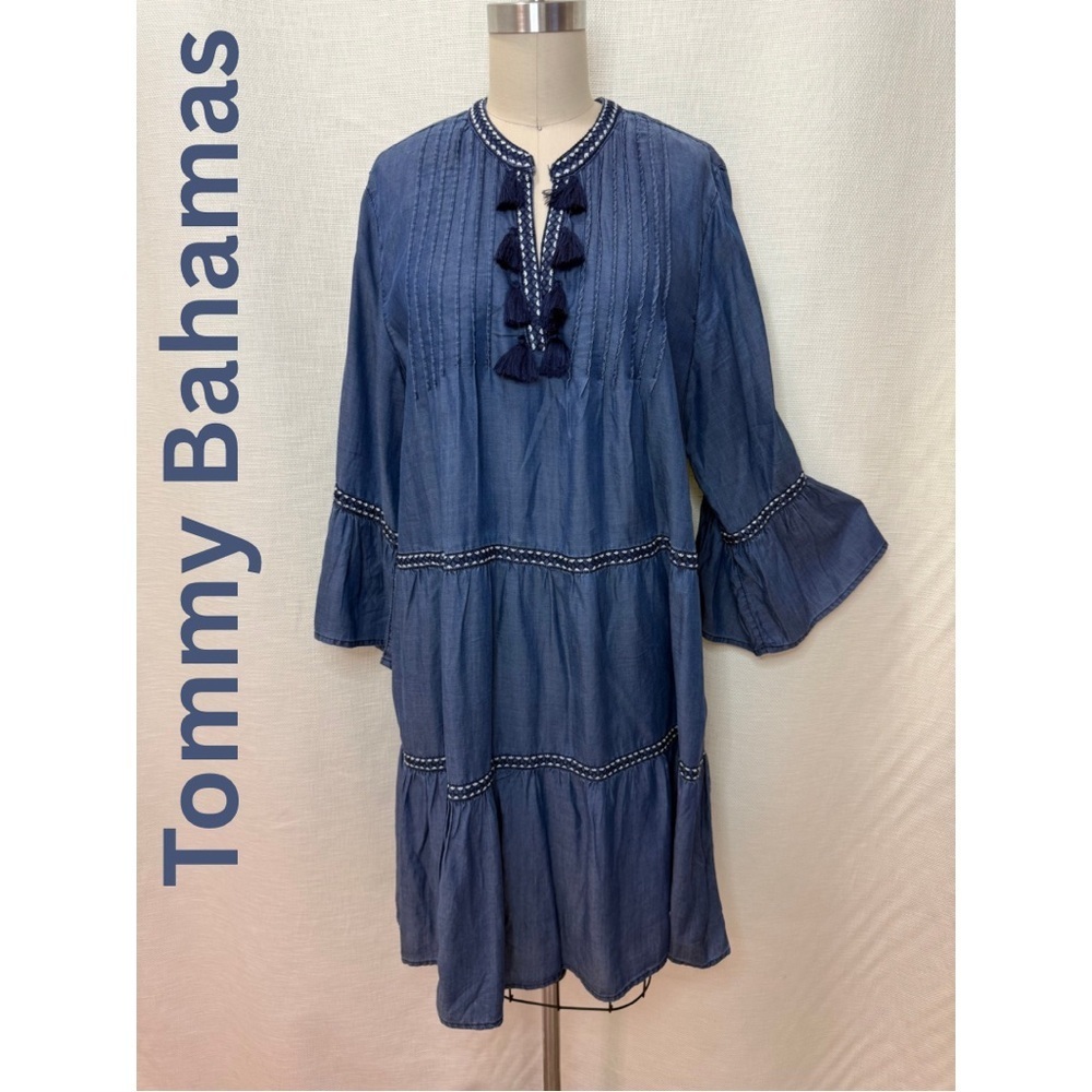 Tommy Bahama Blue Boho Tiered Dress Size L Tassel Tie Bell Sleeve Midi
